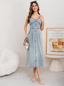 Vestido vaquero maxi de verano para <span class=keywords><strong>mujer</strong></span>, personalizado, con botones en la cintura, estilo casual, tirantes anchos, color liso, lavado, tipo cruzado. - Product Image 3