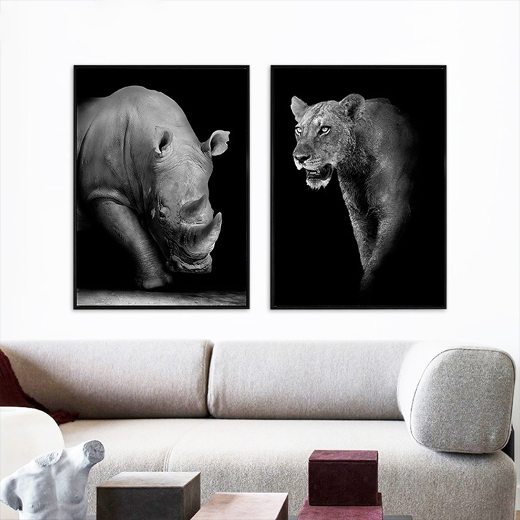 Póster decorativo de pared con estampado de León y cebra, elefante, jirafa, Blanco y Negro Nórdico, lienzo para decoración del hogar, pintura de animales personalizada