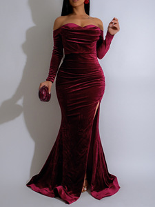 AL303 abiti alla moda per le donne abiti da sera eleganti a manica lunga con spalle sottili in <span class=keywords><strong>velluto</strong></span> Maxi abiti da festa da donna abito da sirena - Product Image 4