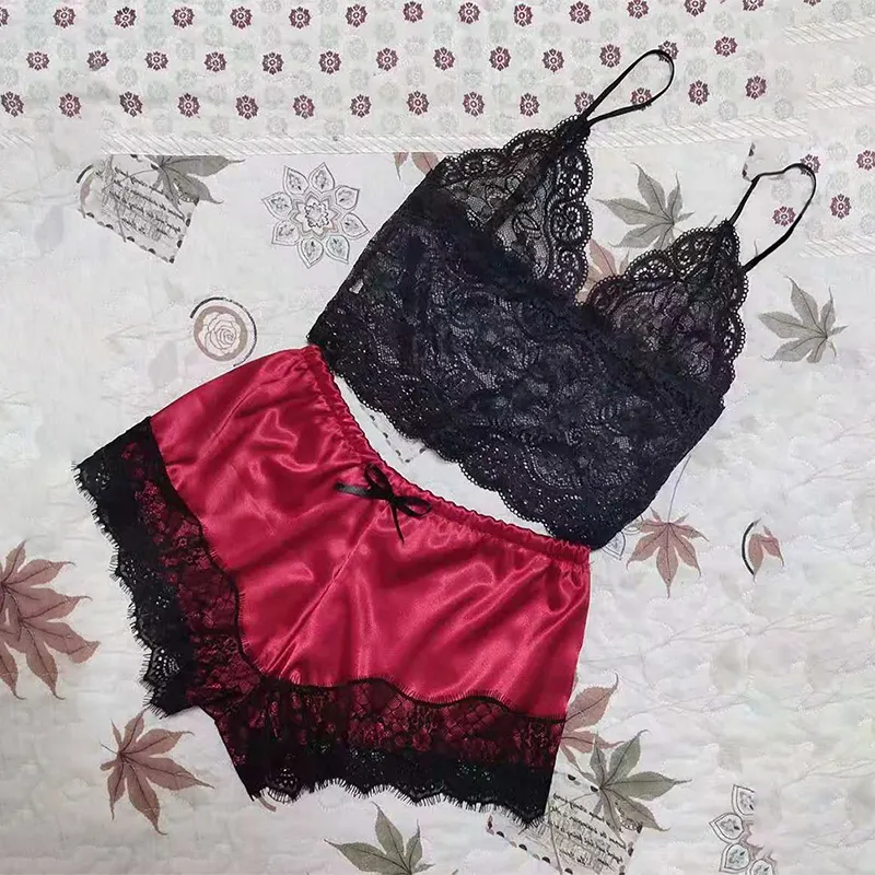 Set piyama renda seksi untuk wanita, pakaian tidur renda leher V tanpa lengan, Set piyama Babydoll, celana pendek, Bra, pakaian tidur