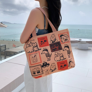 Sac fourre-tout en toile imprimé pour femme, style dessin animé coréen, avec fermeture éclair, grande capacité, sac à main étudiant, sac de shopping en toile - Product Image 1