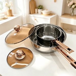 Meilleures ventes 2026 – Ensemble de 12 ustensiles de cuisine en acier inoxydable avec poignées en cuivre et couvercles en <span class=keywords><strong>verre</strong></span> brun, compatible induction - Product Image 1