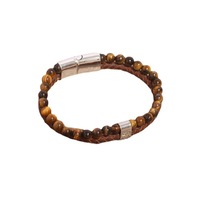 Bracelet en cuir pour homme, tendance, avec perles en pierre naturelle marron, simple, double couche, fermoir magnétique en alliage.