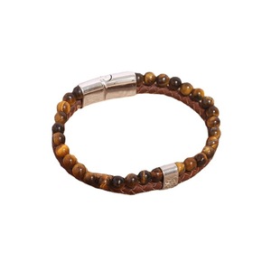 Bracciale da uomo alla moda personalizzato con perle di pietra naturale marrone e pelle, semplice bracciale a doppio strato con chiusura magnetica in lega - Product Image 5