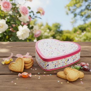 Kontensan 1.9L <b>Confetti</b> Pink Heart-Shaped Metal Tin <b>Box</b> Recyclable 236x236x60 mm Lid Food Grade Square Pattern Biscuits Candies - Product Image 3