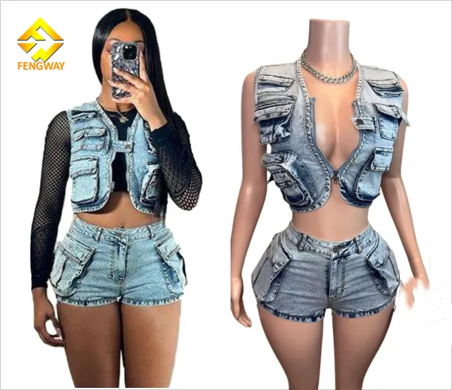 2024 Zomermode Dameskleding Jack Met Rits En Mouw Bijpassende Denim Pakken Dames Tweedelige Denim Shorts Set