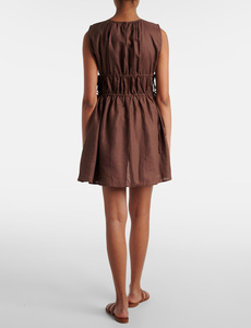 Vestido Mini de Lino Personalizado para Primavera/Otoño - Sin Mangas, Cintura con Cordón Ajustable, Estilo Vintage, Casual y Sencillo en Color Marrón - Product Image 2