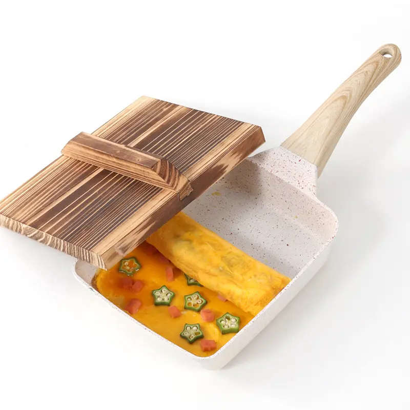 Poêle à frire antiadhésive à fond plat en pierre Maifan de style japonais avec manche en bois
