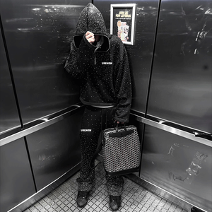 Custom Rhinestone Logo Heavyweight 100% Cotton Black Sweatsuit Streetwear High Quality Acid Wash Vintage Jogger Men <strong>Tracksuits</strong> - Product Image 2