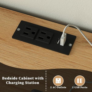 Mesita de Noche Ancha de Roble con LED RGB de 7 Colores, 2 Puertos USB AC, Cajón Oculto de Privacidad y Patas de Madera Maciza - Product Image 3
