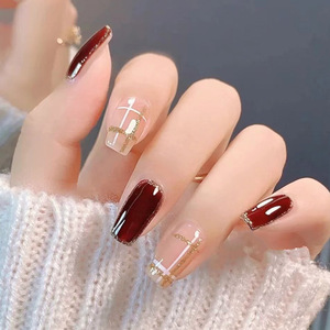 24 pièces de faux ongles en plastique à couverture complète, style rétro gentleman, motif écossais <span class=keywords><strong>rouge</strong></span> bordeaux brillant, forme carrée, amovibles - Product Image 1