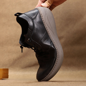 Men <b>Round</b> Toe Lace Up Genuine Cow Leather Walking Shoes <b>Cushioned</b> Rubber Outsole Solid Color - Product Image 3
