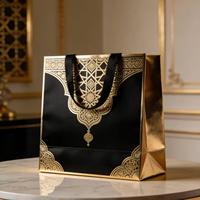 Sacs en papier doré orné avec poignées en satin noir, carton premium pour la célébration de l'Aïd, emballage cadeau de luxe