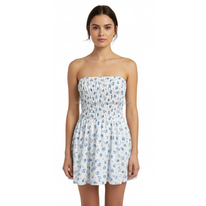 Yaz kadın Backless büzgülü elbise için özel askısız çiçek baskı Mini elbiseler - Product Image 1