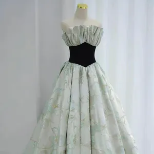 wholesale 2022 custom winter luxury bride wedding elegant party satin green flower pattern evening dress puff gown