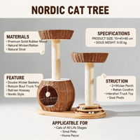 Arbre à chat pliant de luxe classique en bois d'hévéa de 80 cm, avec double perchoir moderne en osier, condo en rotin, jouet rotatif et griffoir en sisal