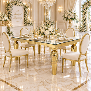 Mesa de Banquete Rectangular Clásica de Acero Inoxidable Dorado con Espejo de Vidrio, Borde Festoneado y Patas Talladas para Venta al por Mayor - Product Image 2
