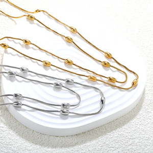 Collar de cadena de serpiente de doble capa con cuentas ovaladas, colgante geométrico simple de aleación de zinc, joyería de moda para mujer - Product Image 1