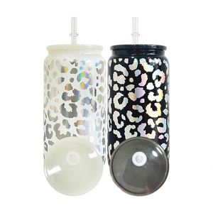 Custom LogoElegant Shaped Drinking Glasses Leopard Cheetah Print 16oz <b>Beer</b> Glass Can with Colorful Plastic Lids - Product Image 2