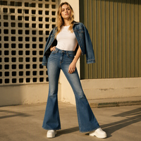 Pantalon évasé en denim stretch de coton personnalisé pour femme – Confort flexible, durable, délavage vintage, taille haute, coupe slim, style urbain polyvalent, idéal pour les festivals
