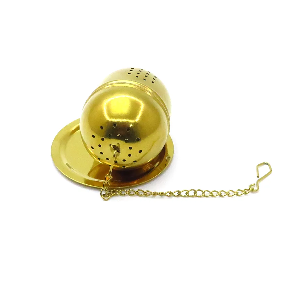 Stainless Steel Egg Shaped Gold Tea Ball Infuser Strainer with Tray and Chain for Loose Leaf Tea