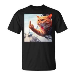 Camiseta divertida con diseño de gato haciendo el dedo medio en el coche para amantes de los gatos, unisex, para adultos, cuello redondo, manga corta, impresión digital, promocional - Product Image 1