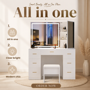 <span class=keywords><strong>Coiffeuse</strong></span> moderne blanche 1000-1200 mm avec miroir LED éclairé et tabouret, 5 tiroirs, pour chambre à coucher - Product Image 5