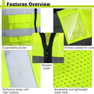 Gilet de sécurité réfléchissant néon haute visibilité personnalisable avec logo, en polyester, avec poches et fermeture éclair pour le travail - Product Image 6