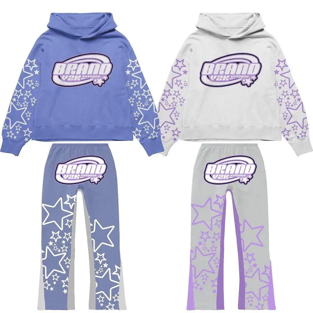 fashion stylish y2k cropped cotton embossed full zip up custom logo puff print sweatpants and hoodie set