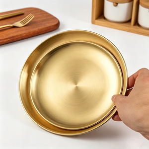 Plato Redondo Dorado de Acero Inoxidable 304 para Barbacoa Coreana, Plato Comercial para Buffet, Plato para Frutas Estilo Occidental, Plato Bajo - Product Image 2