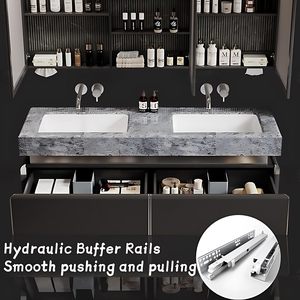 Meuble-lavabo mural <span class=keywords><strong>de</strong></span> luxe moderne gris foncé à double tiroir avec vasque intégrée et armoire miroir LED intelligente anti-buée - Product Image 6