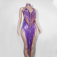 Justaucorps Disco Diva violet électrique à franges de strass pour spectacle de Samba, performance scénique, costume de star pop, Drag Queen, Showgirl