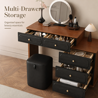 Ensemble coiffeuse vintage en noyer noir avec miroir rond et armoire de rangement, bureau de maquillage en bois avec tiroirs pour chambre à coucher