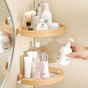 Stile crema giapponese in legno di faggio massello di stoccaggio per il bagno a livello singolo per articoli vari con fori di punzonatura cesto ad angolo - Product Image 1