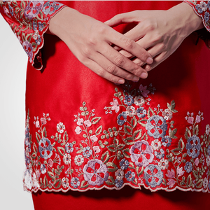 SIPO Eid Baju Raya Malaysia <b>Muslimah</b> Women Satin Lace Patch With Diamond Red Mermaid Skirt Set Modern Baju Kurung - Product Image 2