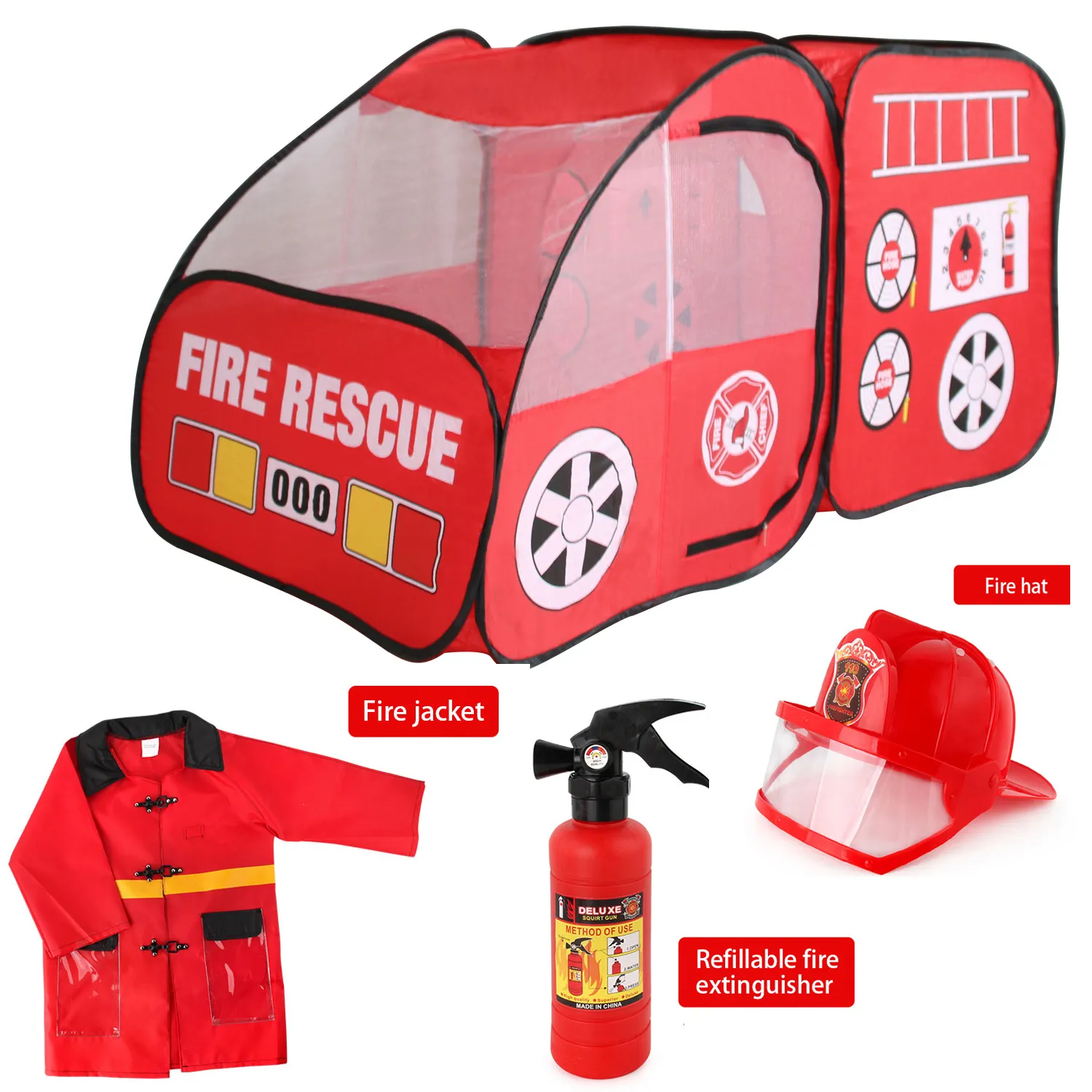 Brandweerwagen Pop Up Play Tent Met Firefighter Kostuum Hoed Fire Gereedschap Voor Kinderen Rollenspel <span class=keywords><strong>Brandweerman</strong></span> Cosplay Red Fire motor Playhouse