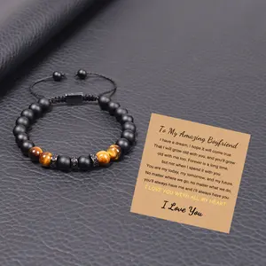 Natural Stone Birthday Father's Day Gift To Son Boyfriend Husband Dad Brother Tiger Eye Matte Card Bracelet Beaded Bracelet