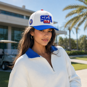 Casquette de golf à cinq panneaux avec emblème brodé 3D, personnalisable OEM, faible MOQ, haute qualité, fermeture Velcro, respirante et légère - Product Image 5