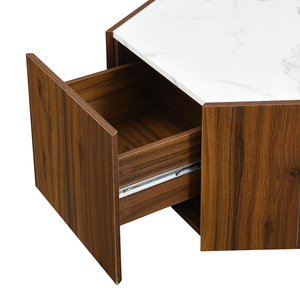 Modern Marble Coffee <b>Table</b> with 2 Hidden Drawers Textured White Tops Walunt Oak Finish-Adjustable Height for Living Room - Product Image 5
