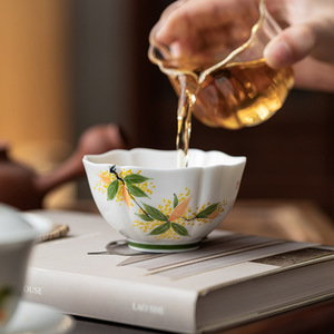 Guanlan Hand-Painted Osmanthus Flower Ceramic <b>Teacup</b> Retro Personal Tasting Cup Kung Fu Tea Set - Product Image 2