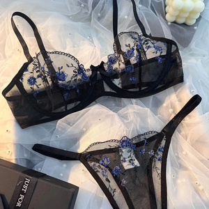Zweiteilige transparente sexy bequeme blaue Blumen stickerei transparente Dessous Höschen und BH - Product Image 1