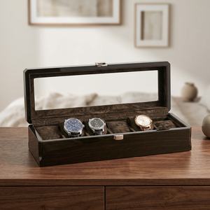 Caja de reloj de madera rectangular con 6 posiciones, interior de gamuza sintética, cierre a presión a prueba de polvo, color marrón y negro - Product Image 3