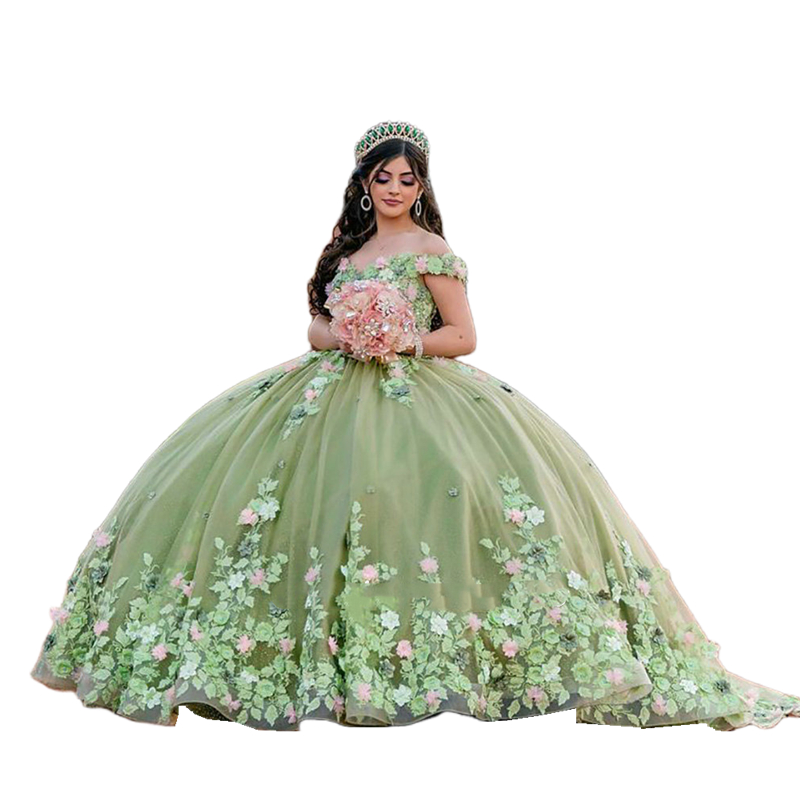 sage green quince dress with pink flowers Sweetheart Sage Green Quinceanera Dresses Butterfly Applique Ball Gown –  Simplepromdress main image 0