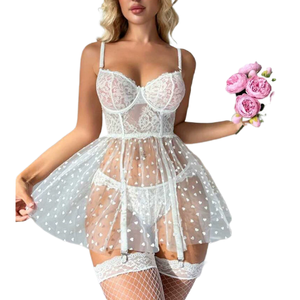 Lencería Sexy Europea y Americana, Conjunto <span class=keywords><strong>de</strong></span> Uniforme <span class=keywords><strong>de</strong></span> Pijama con Túnica <span class=keywords><strong>de</strong></span> Tentación para Pecho Pequeño, Encaje, Malla Fina, Color Blanco Pasión - Product Image 4