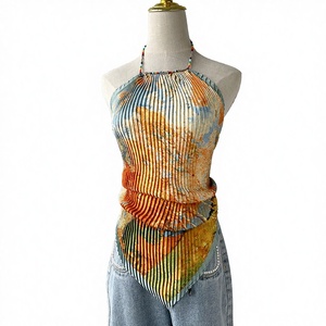 Artistic Floral Oil Painting Satin Formal <b>Top</b> Summer Short Crop Halter Neck Tank Backless Wrinkles Print Sexy Breathable - Product Image 3