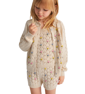 Petit MOQ, Marque Personnalisée, Pulls en Tricot <span class=keywords><strong>Beige</strong></span> pour Filles, Ensemble 3 Pièces en Laine Fine Ajourée, Vêtements pour Filles - Product Image 1