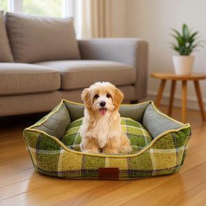 Set di Tre Pezzi per Cuccia Quadrata in Lino a Quadretti Verdi per Animali Domestici - Product Image 3