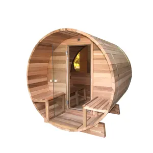 Vente chaude Keya Sauna Vapeur Sèche Cèdre Rouge 2 Personnes Baril À Vapeur Sauna Extérieur Avec Demi-Paroi De Verre