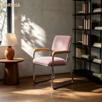 Fauteuil cantilever à cadre chromé, tissu rayé, style moderne du milieu du siècle, accoudoirs en bois pour salon, café, bureau