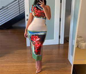 Zhezhe Nieuw Ontwerp Sexy Bloemenprint Bodycon Één Schouder Crop Top Hoge Taille Slanke Lange Rok 2 Delige Set Dames Zomer - Product Image 1